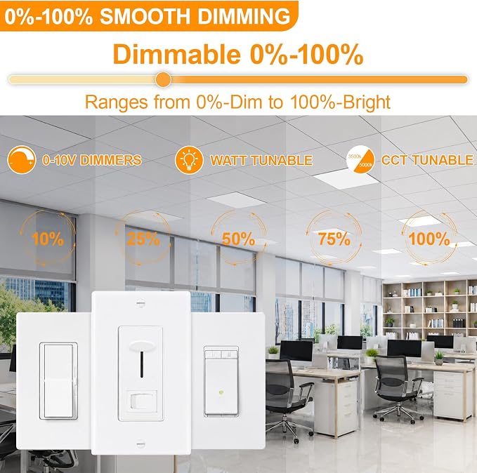 4 Pack 1x4 LED Flat Panel Light Drop Ceiling Office Fixture 5 CCT 3000K-6500K Adjustable & 5 Wattage 15W-20W-30W-40W-50W Selectable, 0-10V Dimmable，Flush Mount Ceiling Light