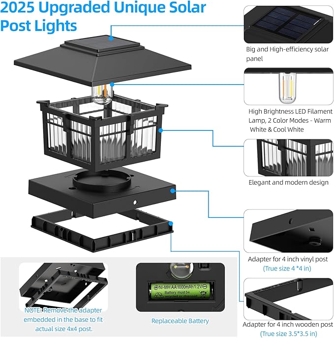 EXCMARK 4x4 Solar Post Cap Lights, 4 Pack Fence Deck Post Lights Outdoor Solar Powered Waterproof with Two Light Modes Warm&Cool White for Garden Patio Decor. (Classic Black, 4)