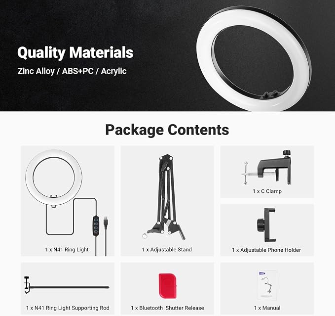 NEEWER Entry Level Version N41 8" LED Ring Light with Desk Clamp Stand/Remote, Overhead Phone Mount Holder Compatible with iPhone, Streaming Video Recording Selfie Nail Tech Food Photography Lighting