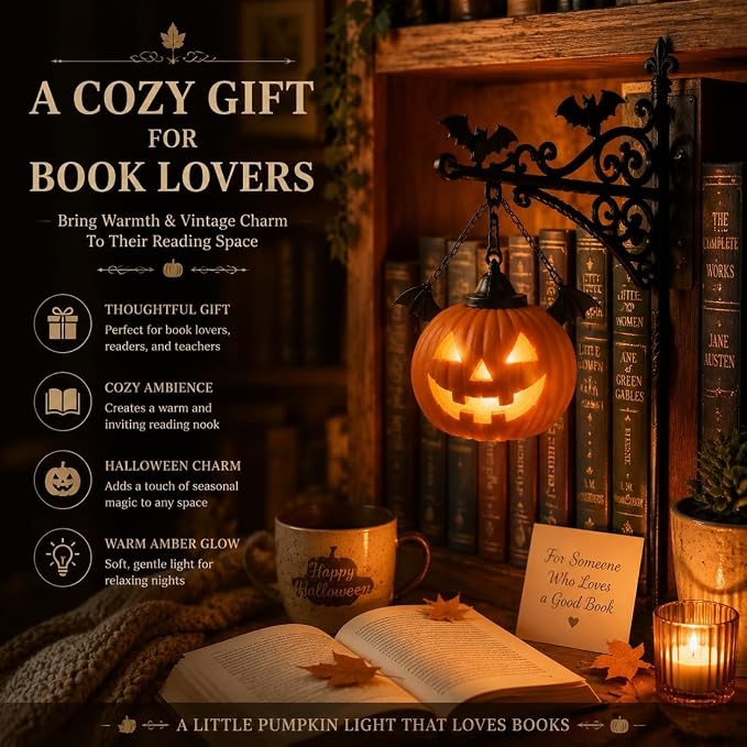Library Lantern Bookshelf Lamp, Pumpkin Bookshelf Lantern with Warm LED Nightlight, Mini Nook Light for Bookshelf, Decorative Table Desk Luminaire, Halloween Bookshelf Decor for Book Lovers