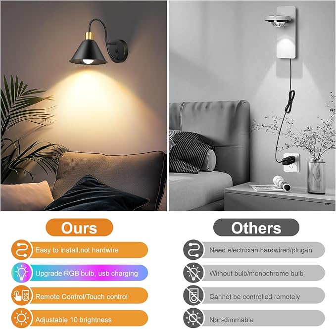 Frideko Rechargeable Battery Operated Wall Sconces Set of Two with Remote, RGB 15 Colors Dimmable Black Wall Light, Indoor Battery Powered Wireless Sconce with Timer for Living Room Bedroom