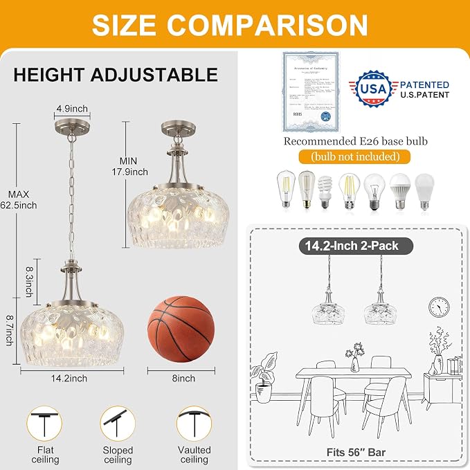 Modern Pendant Lights Kitchen Island, 3-Light Brushed Nickel Pendant Light Fixtures with 14.2" Clear Hammered Glass Shade, Hanging Pendant Lights Fixture for Kitchen Island Dining Room Foyer Entryway