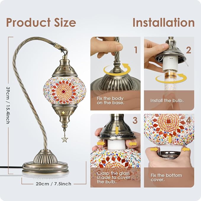 Yarra-Decor Turkish Moroccan Lamp with Bronze Base 3 Color Options Handmade Swan Neck Mosaic Glass Bedside Lamps for Bedroom (LED Bulb Included)(Orange1)