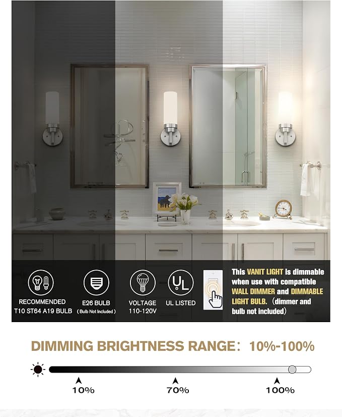 Emak Brushed Nickel Sconces Wall Lighting, Modern Vanity Lights with Milk Glass Shade, Wall Sconce for Bathroom, Bedroom, Living Room, Hallway, WS085-BN-ML-2PK