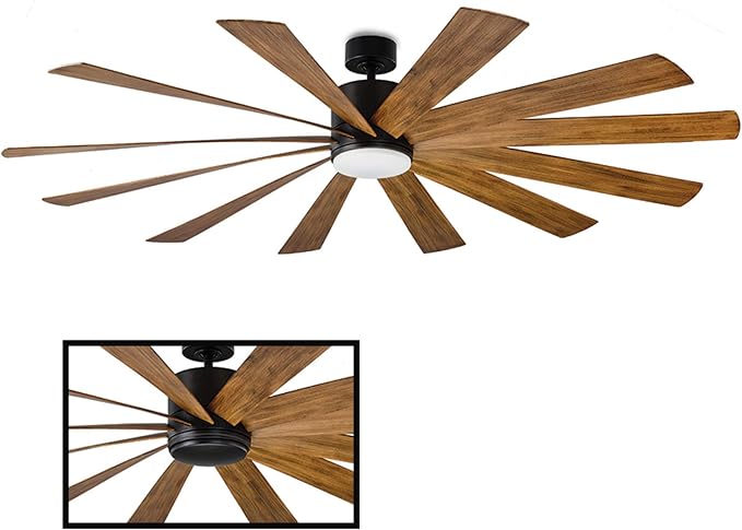Windflower Smart Indoor and Outdoor 12-Blade Ceiling Fan 80in Matte Black Distressed Koa with 3500K LED Light Kit and Wall Control Works with Alexa and iOS or Android App