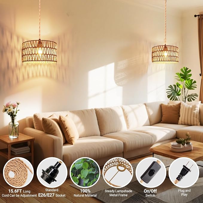 Hanging Light Ceiling Lamp Pendant Lights Rattan Hanging Lamp with Plug in Cord for Living Room Bedroom Kitchen Indoor Hanging Lamp Plug in Woven Lampshade