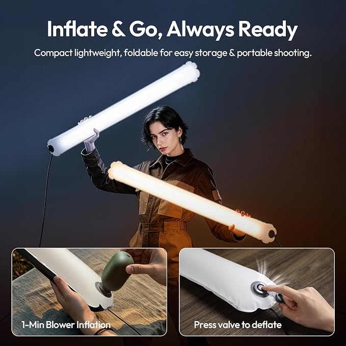 ULANZI UA50 50W Wired Bi-Color Inflatable Light Tube for Photography | Without Charger, 2700K-6500K CRI≥95 TLCI≥96, 5 Level Adjustment Magnetic Portable Lighting Bar for Video Recording & Portrait