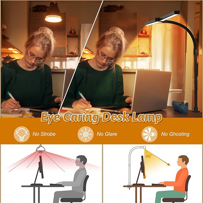 LED Desk Lamp with Base, 18W Dimmable Light, No Remote | 18W Dimmable Eye-Caring Clamp Light with Anti-Glare Cover and Flexible Gooseneck for Office, Dorm, Home and Study