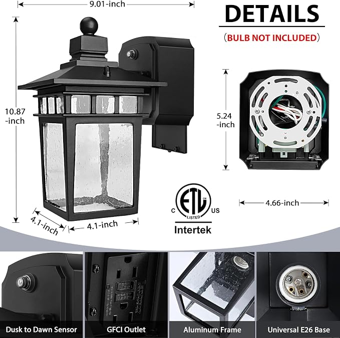 2 Pack Outdoor Light with GFCI Outlet,Black Dusk to Dawn Porch Lights Outdoor Wall Light Fixture with Outlet,Aluminum Exterior Lighting Fixtures Wall Mount,Waterproof Outside Lights for House