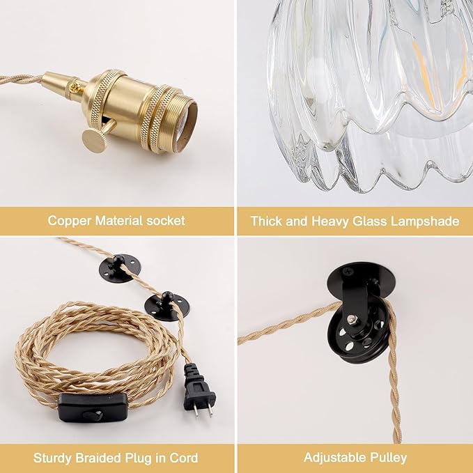 Plug in Pendant Light Hanging Light Fixture Corded On/Off Switch Brass Pendant Light with Clear Tulip Glass Lampshade for Bedroom Living Room Kitchen Island