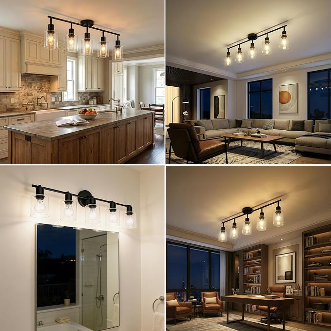 HiBay 5-Light Black Track Lighting Fixture Ceiling Flexible Glass Spotlight | Multi Directional & Foldable, Modern Farmhouse Industrial, for Kitchen, Living Room, Home Office, E26 Base