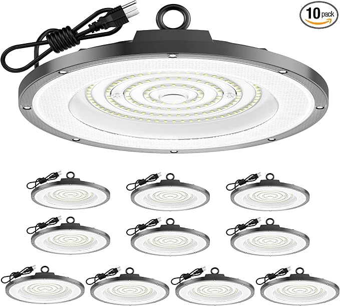AIKVSXER 200W UFO High Bay Light 10 Pack, 6000K LED Shop Lights Plug & Play | 30000LM Commercial Bay Lighting IP65 Waterproof Garage Light, CRI>85 No Flicker, 120° Beam Angle, 5ft Cable 60000hrs Lifespan