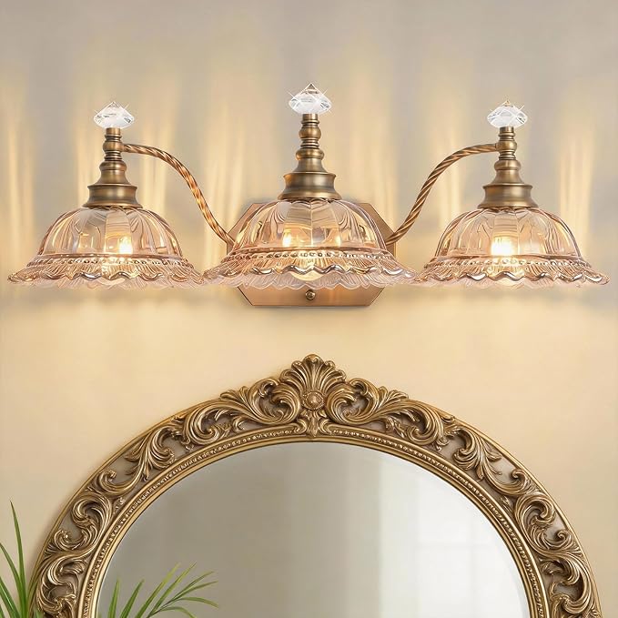 Vintage Bathroom Vanity Light Fixtures, 3-Light Matte Brass Finish Vanity Light with Flower-Shaped Amber Glass Shades, Retro Wall Sconce for Mirror, Powder Room, Bedroom