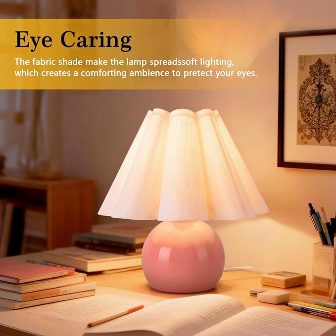 Pink Small Bedside Mini Table Lamp for Bedroom, Cute Bedroom Lamps for Nightstand, Cute Mini Table Lamps for Small Spaces with Scalloped Shade for Kitchen Counter, Bookshelf, Kids Dorm, Home Office