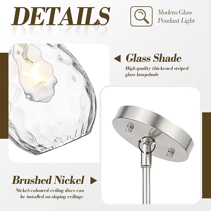Brushed Nickel Pendant Lights Kitchen Island 2 Pack, Modern Glass Pendant Light Fixtures with Hammered Glass and Rods, Adjustable Small Hanging Light for Kitchen Sink Dining Room Bathroom