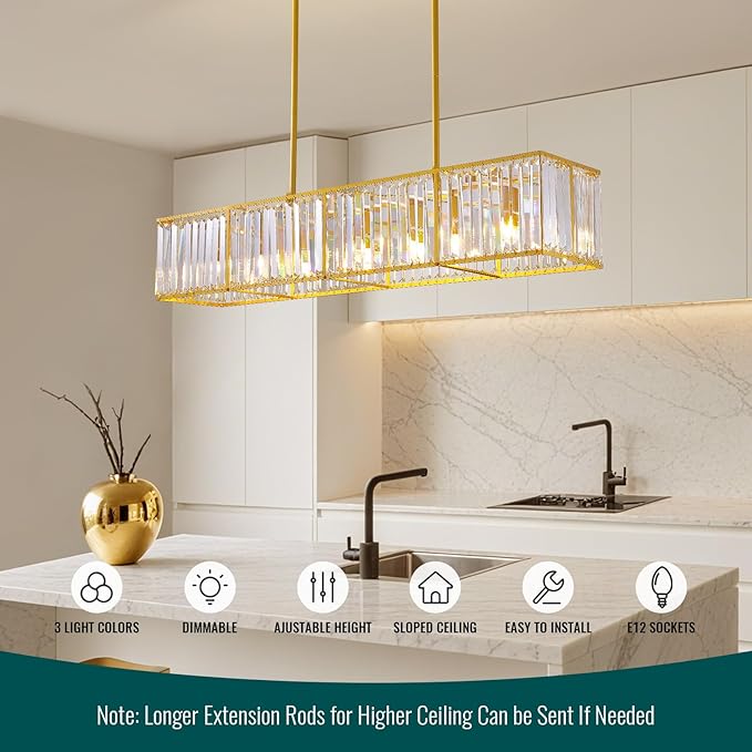Siljoy Modern Crystal Chandelier 7-Light Rectangle Gold K9 Crystal Raindrop Chandelier Luxury Dimmable Linear Crystal Pendant Ceiling Light for Dining Room Living Room Kitchen Island L47''