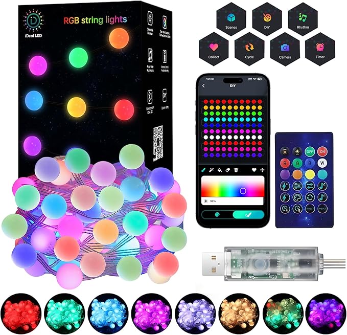 Color Changing Globe String Lights, 49ft Smart RGB-IC Fairy Lights with Remote & APP Control, Mini Ball LED Twinkle Lights Hanging for Indoor Bedroom Living Room Party Christmas Decor