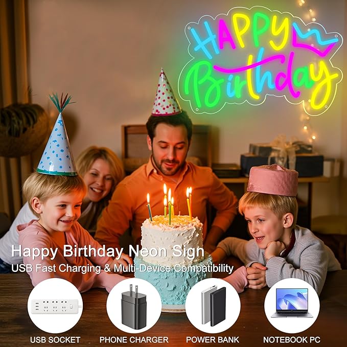 Happy Birthday Neon Sign – Colorful LED Light-Up Sign for Birthday Party Backdrops, USB Powered with Dimmable, Wall Decoration for All Ages, with 2 Birthday Cards, 16.5 x 12.5 Inches