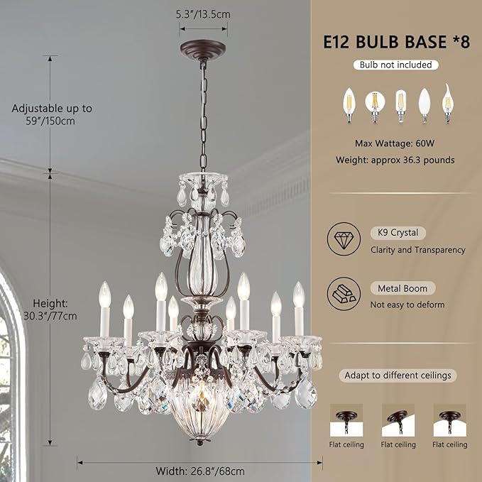 Vintage Crystal Chandeliers for Dining Room, 8-Light Brown Classic Candle Chandelier Pendant Ceiling Light Fixture for Living Room Bedroom Kitchen Foyer Hallway Staircase 30.3" H x 26.8" D