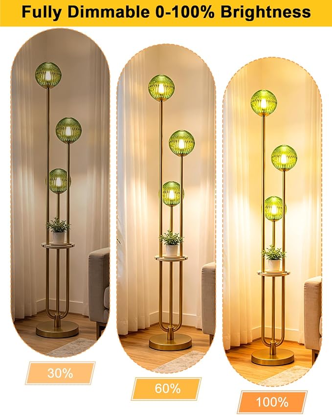 Lightdot Green Glass Floor Lamp with Shelf 63IN Dimmable Mid Century Modern Gold Standing Lamps 3000K Bulbs Included Globe Floor Lamp with 5Lbs Heavy Base for Living Room/Wedding/Sofa Beside/Corner