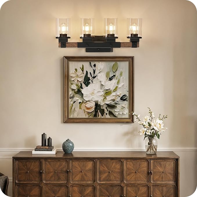 4-Light Bathroom Light Fixtures, Farmhouse Vanity Lights for Bathroom with Glass Square Shade, Rustic Vanity Lights, Sconce Wall Light, E26 Base (Bulbs Not Included), ETL Listed FS09BD05