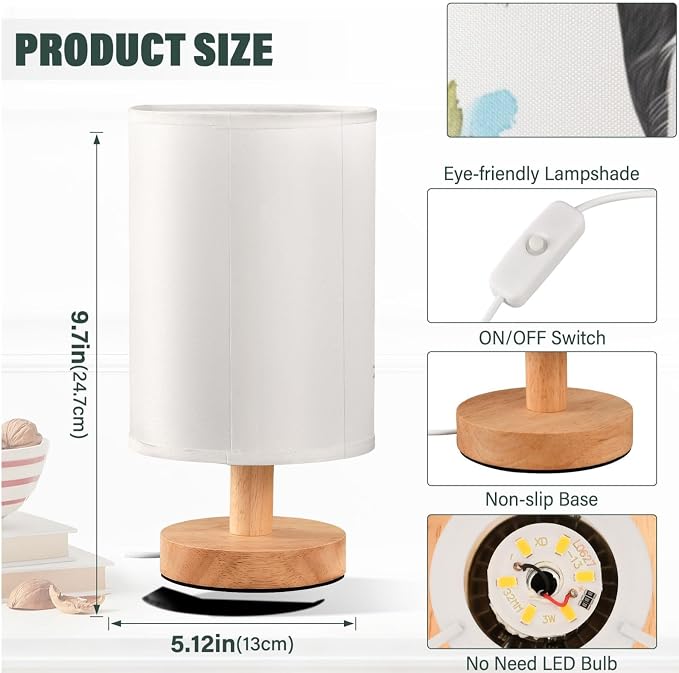Floral Cute Baby Cow Daisy Sunflower Bedside Table Lamps with USB Port for Bedroom LampSmall Nightstand Lamp Sturdy Linen Shade Wooden Base Decorative Lamps for Nursery Kids Reading Dorm Home