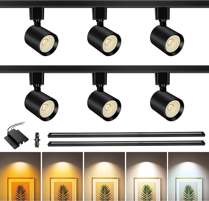 5-Color 6-Light LED Track Lighting Kit with 6.6FT H Type Track Lighting Rail, Dimmable Track Lights with Floating Canopy, Ceiling Spot Light Flicker Free, CRI90+, 36° Beam 10W 800lm, Black