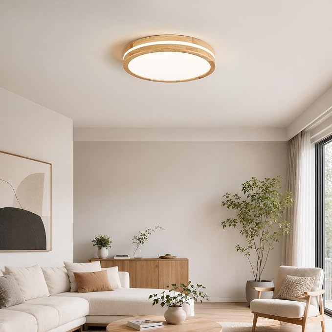 Pevfah Modern Dimmable LED Wood Flush Mount Ceiling Light, 5CCT Round Close to Ceiling Lighting Fixtures, Minimalist Ceiling Lamp for Bedroom, Kitchen, Hallway, Laundry Room-15.74in