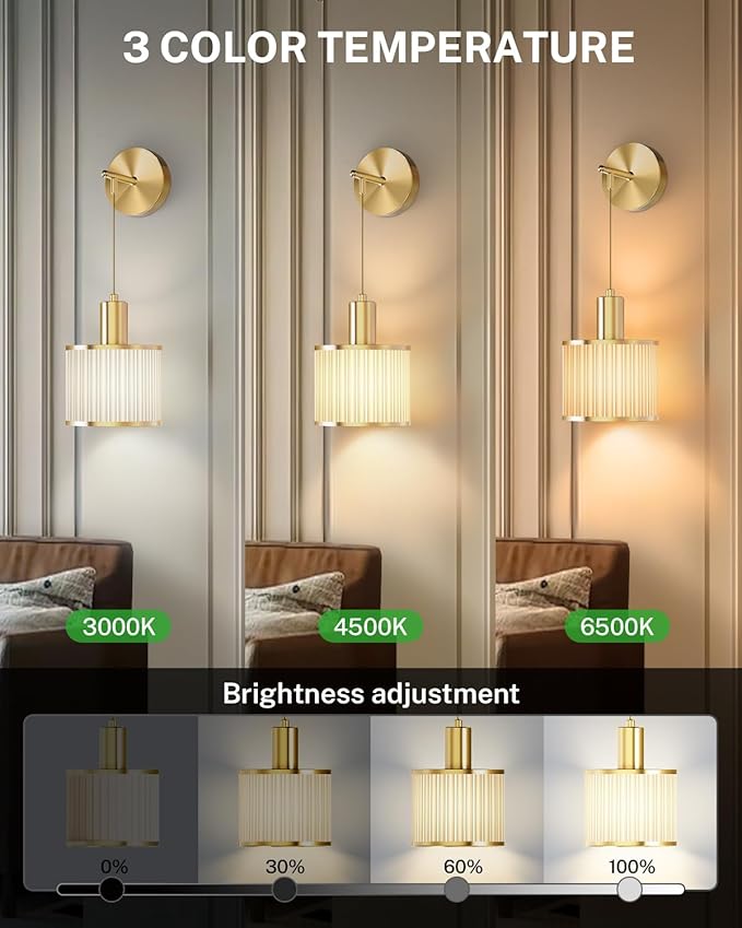 SAIMAND Battery Operated Wall Sconces Set of 2,Wireless Rechargeable Lights | Modern Cordless Wall Sconces with Remote Control, 9-Color Dimmable LED Lamps for Bedrooms, Living Rooms and Hallways (Gold)
