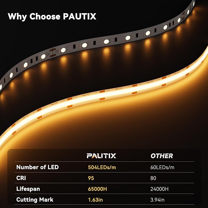PAUTIX COB LED Strip Light 20ft/6.1m 3087LEDs Warm White 2000K CRI90+ High Lumen,DC24V Flexible LED Tape for Cabinet Home DIY Lighting Projects with 1pcs COB Connector Wire(Power Supply Not Included)