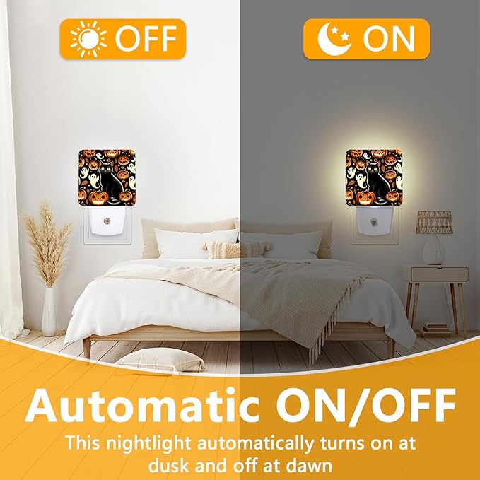 Smiling Pumpkin Night Light, Plug-into Halloween Ghost Black Cat Nightlight White LED Lamp, Energy Efficient Decor Desk Lamp for Bedroom Hallway Stairs Bathroom