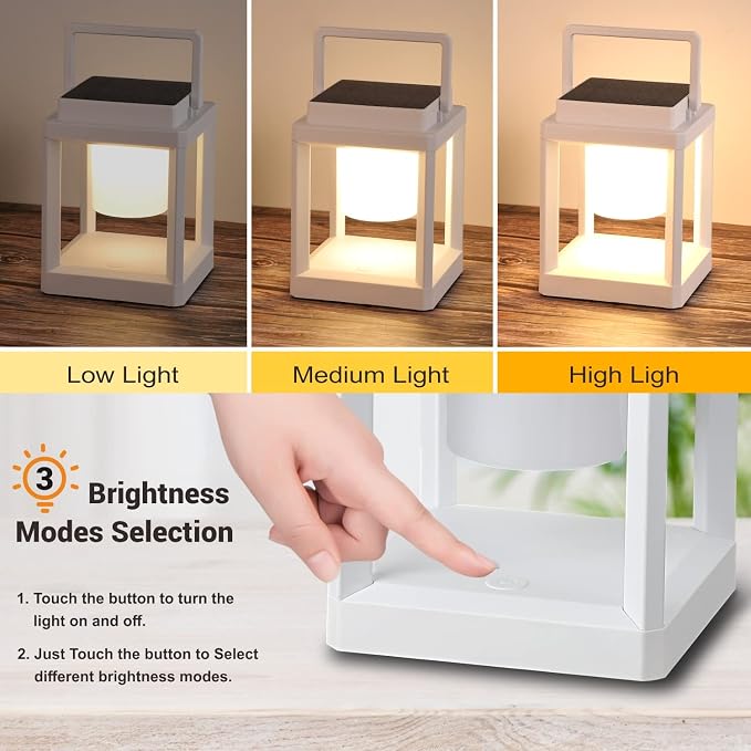 Outdoor Table Lamp, 3-Level Brightness LED Nightstand Lantern, Portable Rechargeable Solar Lamp IP44 Waterproof, Touch Control Outdoor Cordless Lantern for Patio/Walking/Reading/Camping