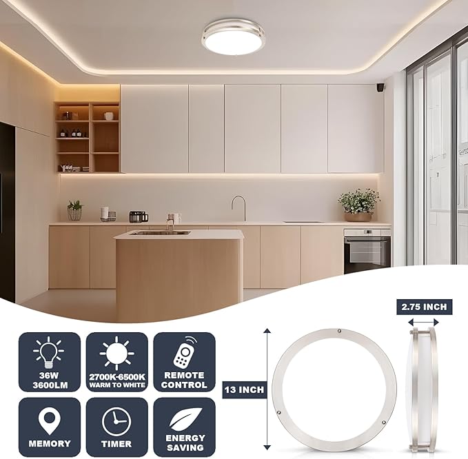 OOWOLF 4-Pack 13” LED Flush Mount Ceiling Light Fixture, 5CCT Adjustable 3000K/3500K/4000K/5000K/6000K Ceiling Lights, 36W Brightness Dimmable Lighting, ETL Listed, for Hallway Bathroom or Kitchen