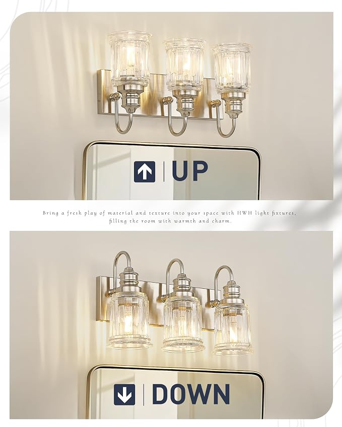 Bathroom Light Fixture, HWH 3-Light Vanity Light Brushed Nickel Modern Bathroom Lights Over Mirror, Bell-Shaped Fluted Glass, 5HZG106B-3W BN