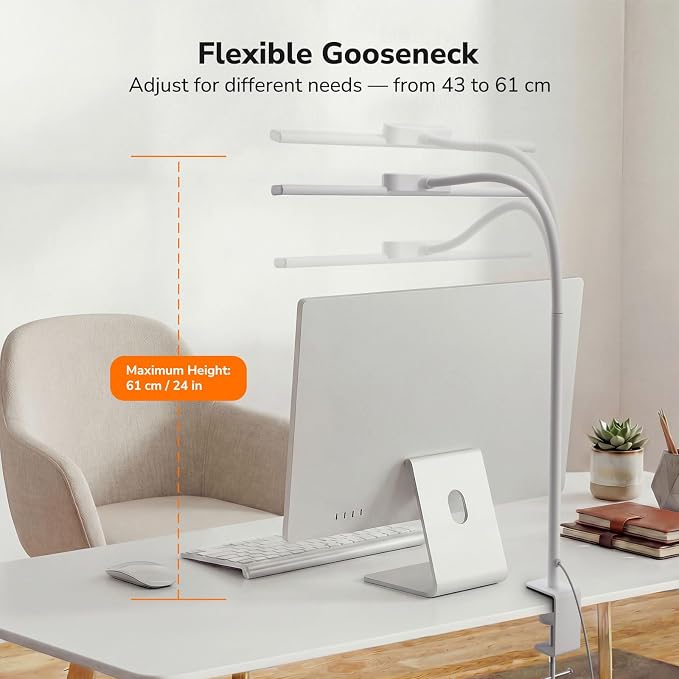 Lepro Desk Lamp with Clamp, Led Clip on Desk Lights for Home Office, White | 11W 750LM Eye Caring Task Light, 25 Lighting Modes, Flexible Gooseneck, Architect Lamp for Monitor, Workbench, Draft, Crafts