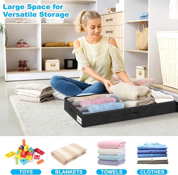 Under Bed Storage Container Bins 4 Pack, 4 Inch Thin Low Profile Underbed Clothes Storage Organizer for Dorm & Home, Use for Blanket and Toy Storage Box W/ Sturdy Bottom/Sides, Foldable Thick Fabric