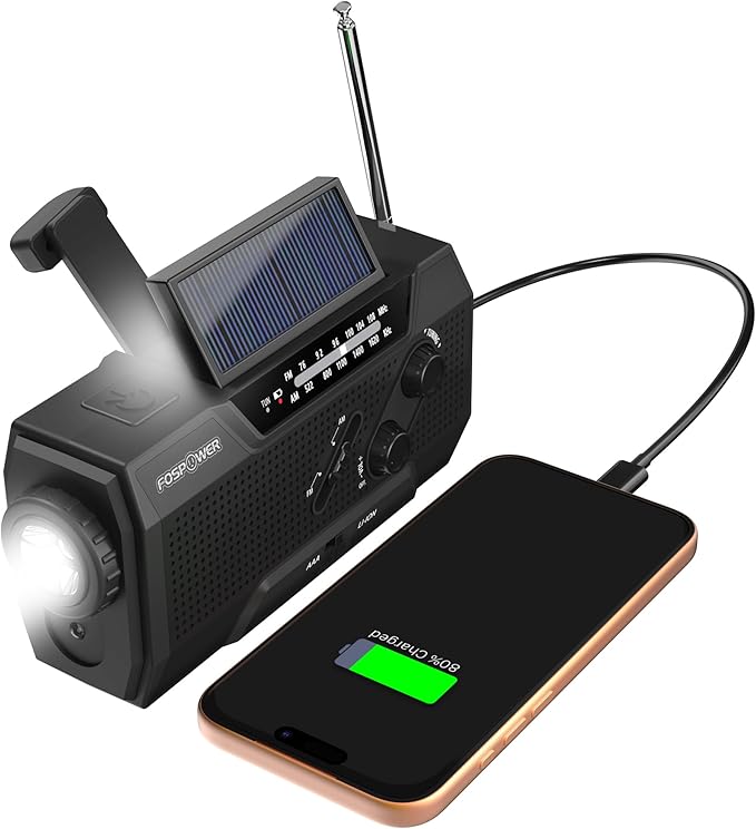 FosPower NOAA Emergency Weather Radio A1 7400mWh Portable Power Bank, AM/FM, USB/Solar/Hand Crank Charging, Battery Operated, SOS Alarm & Flashlight for Indoor/Outdoor Emergency - Black