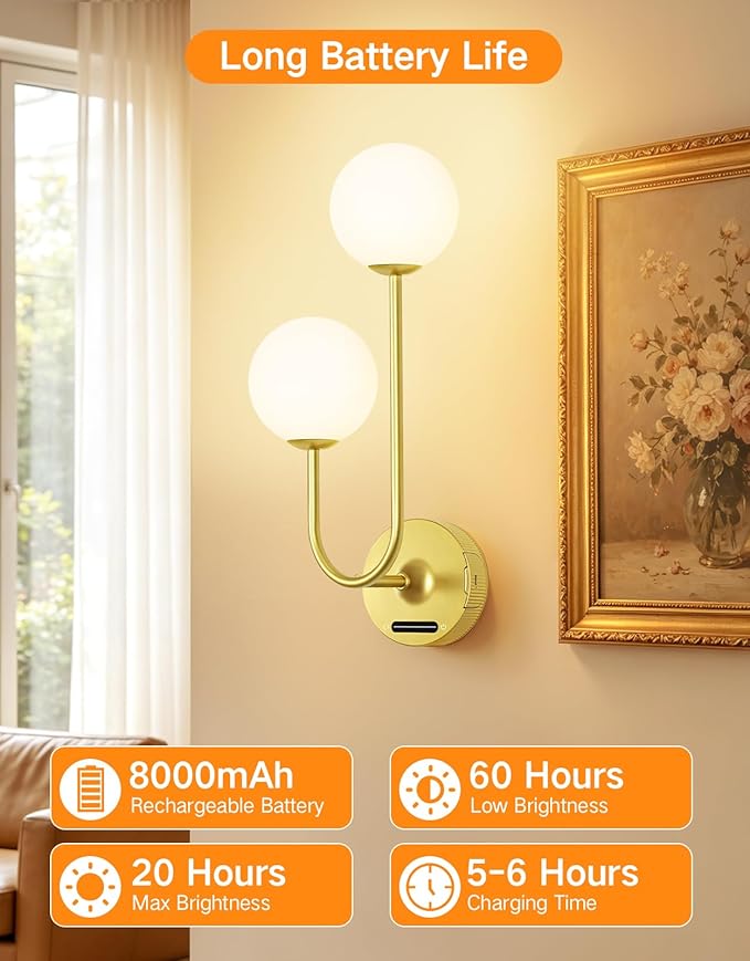 OUTON Gold Battery Operated Wall Sconce, 8000mAh Rechargeable Wireless Wall Light with Detachable Battery, Remote & Touch Control, 3 Color Dimmable Wall Mounted Light for Bedroom Living Room Bathroom