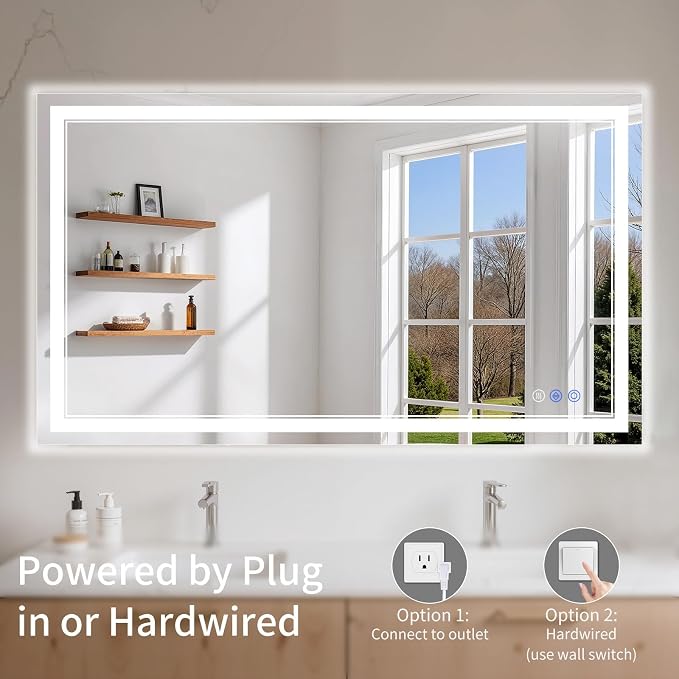 30"x55" LED Bathroom Mirror with Lights, Anti-Fog, Backlit + Front Lit, Dimmable, Led Vanity Mirror for Wall, Lighted Bathroom Mirror, 3 Colors, Shatter-Proof Tempered Glass