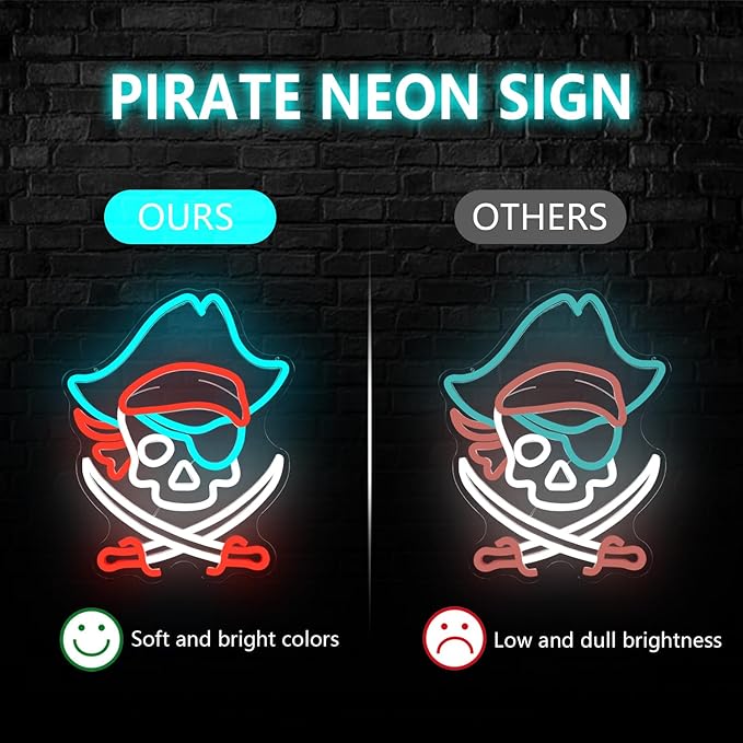 Pirate Neon Sign PirateLED Signs for Bedroom Kids Room Skull Neon Lights for Wall Decor Perfect Pirate Party Favors Retro Nautical Neon Wall Sign Light Up Sign Gift for Pirate Themed Party