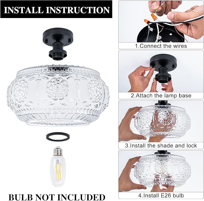 Semi Flush Mount Ceiling Light Fixture - Black Metal Base & Floral Glass Shade, Modern Vintage Lighting for Entryway, Bathroom, Kitchen, Bedroom (Bulb Not Included)