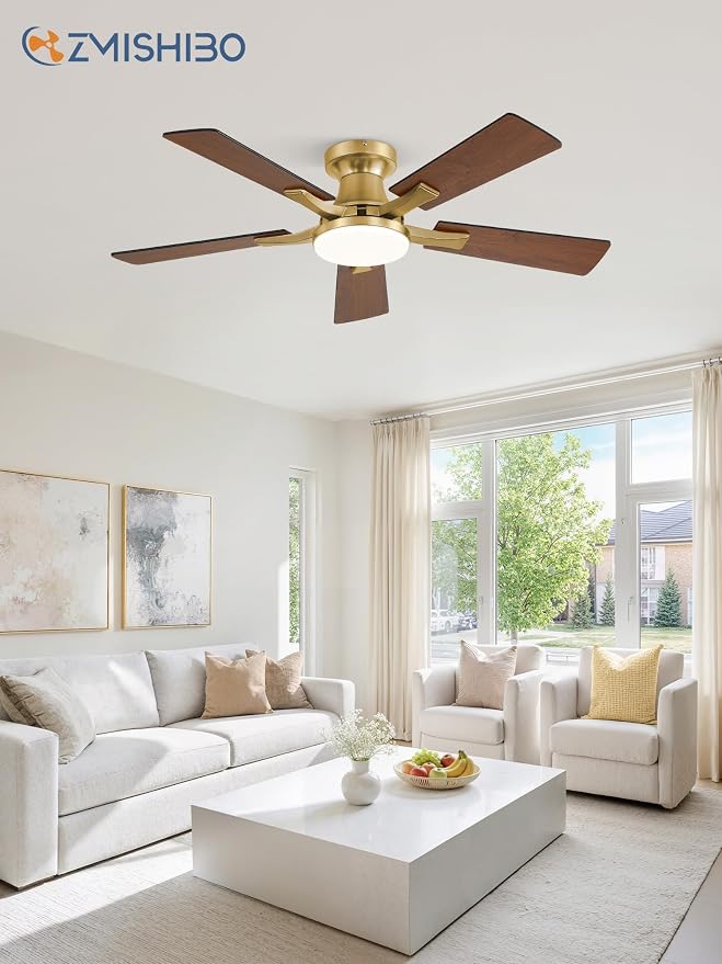 ZMISHIBO 42 Inch Ceiling Fans with Lights, Remote&App Control, Flush Mount | Low Profile, Dimmable 20W LED Light, Quiet Reversible Motor, Strong Airflow, Easy Install for Bedroom/Living Room/Apt, Gold