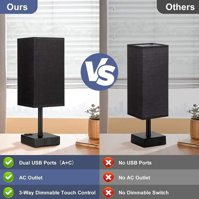 Set of 2 Black Table Lamp for Bedroom - Dimmable Touch, USB C+A, AC Outlet | 3-Way Dimming, 5000K Daylight Bulb Included, Nightstand Lamp with Square Linen Shade, Small Room Decor for Men, Boys, Desk