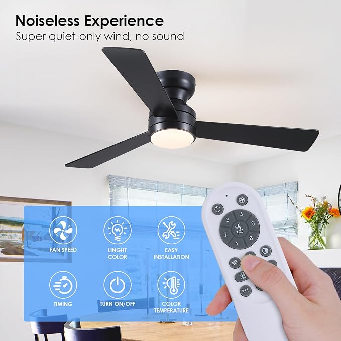 46"Black Modern Low Profile Ceiling Fans with LED Lights and Remote Control | Reversible 6 Wind Speeds, Dimmable 3 CCT LED Light, 25W Quiet DC Motor,2H Timer,3 Double-Sided Blades,for Bedroom Kitchen