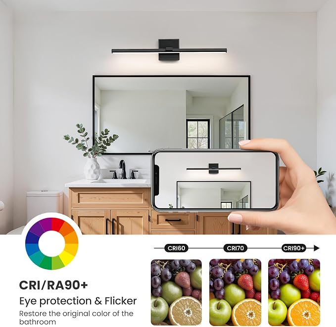 Black Bathroom Vanity Light 24 Inch Modern Bathroom Light Fixtures Over Mirror 18W Dimmable 5CCT LED Vanity Light Bar for Bathroom Mirror Cabinets Bedroom