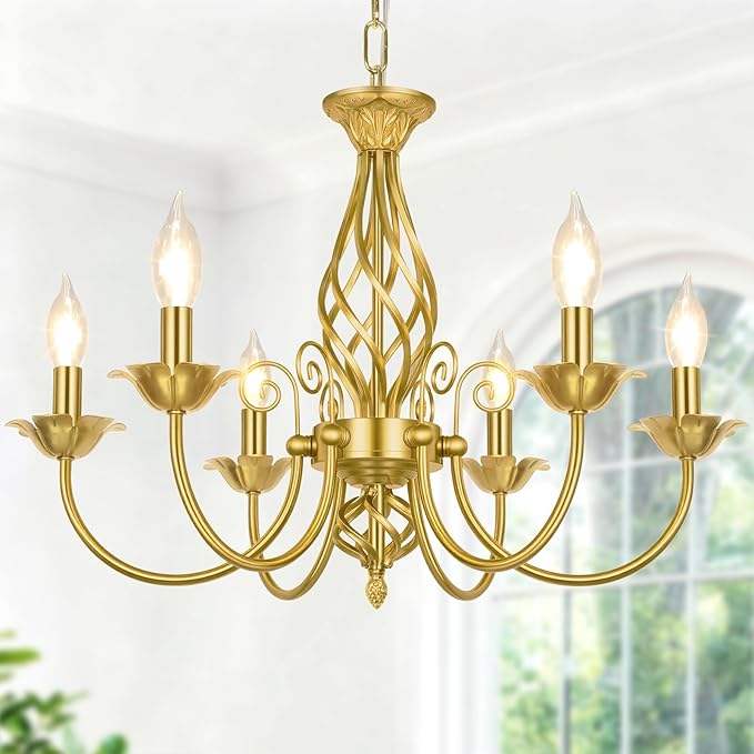 6-Light Farmhouse Candle Chandelier for Living Room, Rustic Industrial Pendant Ceiling Light fixture, Vintage Ceiling Hanging Lamp for Bedroom Hallway Kitchen Dining Room Foyer, Luxury Gold E12 Socket