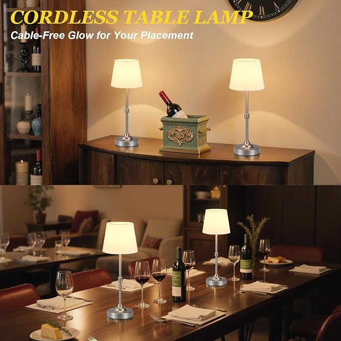 Kakanuo Rechargeable Cordless Table Lamp Silver - 2 Pack 4000mAh Battery Operated Lamp, 3000K Warm Light, Touch Control Stepless Dimming, for Bedside, Dining Table, Home Decor