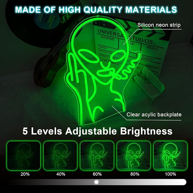 Green Alien LED Neon Signs for Wall Decor Shop Bar Pub Man Cave Game Room Decor Hip Hop Party Signs For Green Bedroom Wall Decor Birthday Party Funky Aesthetic Room Decor