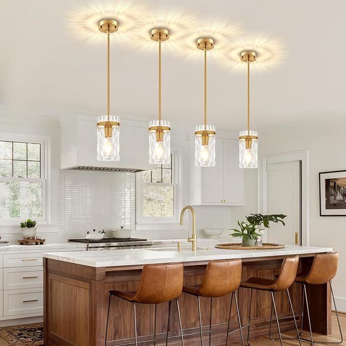 2 Pack Brushed Gold Pendant Lights Kitchen Island, Hammered Glass Kitchen Pendant Lighting Over Island Hanging Hallway Light Fixtures Adjustable Modern Pendan Light for Bathroom Entryway Dining Room
