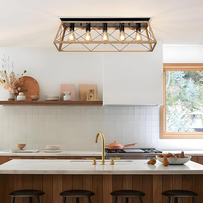31.5" Flush Mount Ceiling Light Fixture, 5-Light Vintage Industrial Cage Chandelier for Dining Room, Kitchen Island, Living Room, Dimmable Semi Flush Mount Close to Ceiling Lighting, Walnut Finish